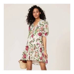 Great Jones White Floral Shift Magnolia Flower Summer V Neckline Dress sz Small